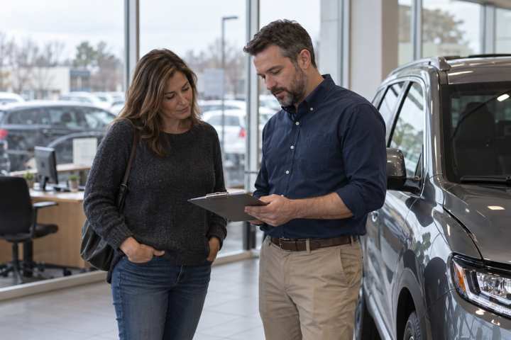 Dealership salesperson reviewing an offer on a clipboard with a customer in the showroom